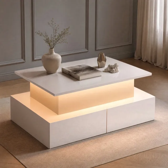 Maisentiel Witte hoogglans salontafel met LED, 4 lades en uitschuifbaar blad - 90 x 55 x 41 cm