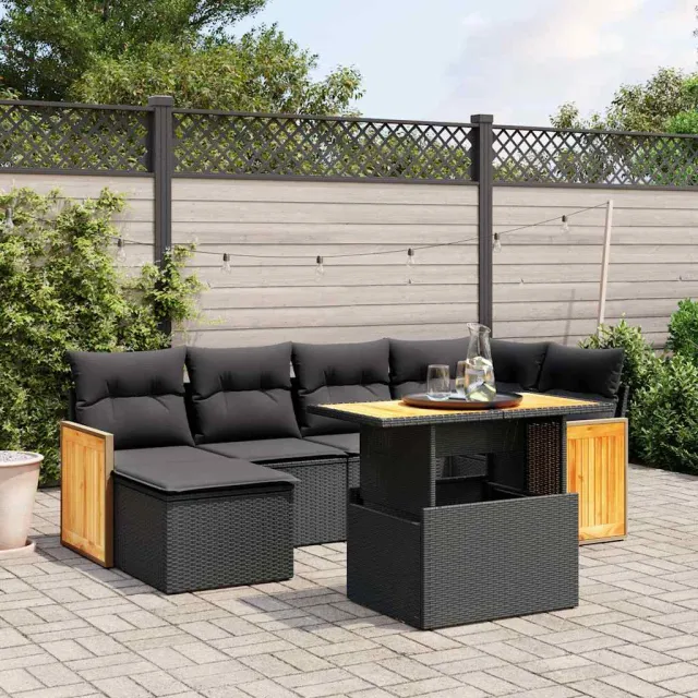 vidaXL 7-delige Loungeset met kussens poly rattan zwart, foto 2