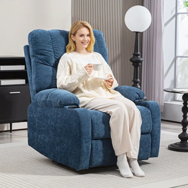 MODFU Relaxfauteuil-Draaibaar-Schommelstoel-Ligfunctie-Blauw-Stof