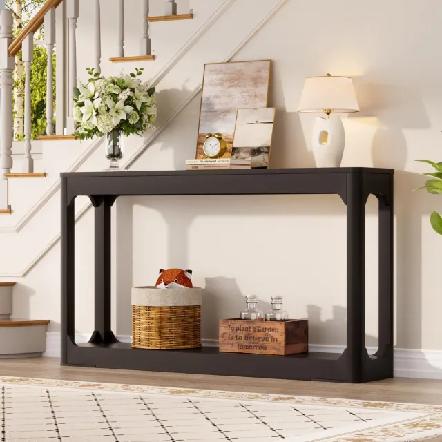 MODENUIT Sidetable 140 x 30 x 79 cm - Twee Open Opbergplanken - Voor Hal En Woonkamer - Modern MDF Zwart