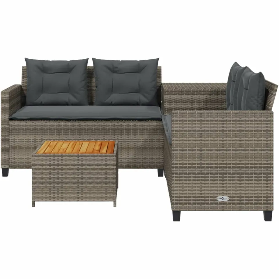 vidaXL Tuinbank met tafel en kussens L-vormig poly rattan grijs, foto 3