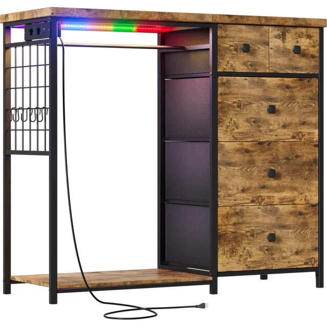 PEALOV Kommode met 5 laden en kledingstang-LED-2 USB en 2 stopcontacten-Ladekast voor slaapkamer-125 x 40 x 120 cm-Bruin en zwart