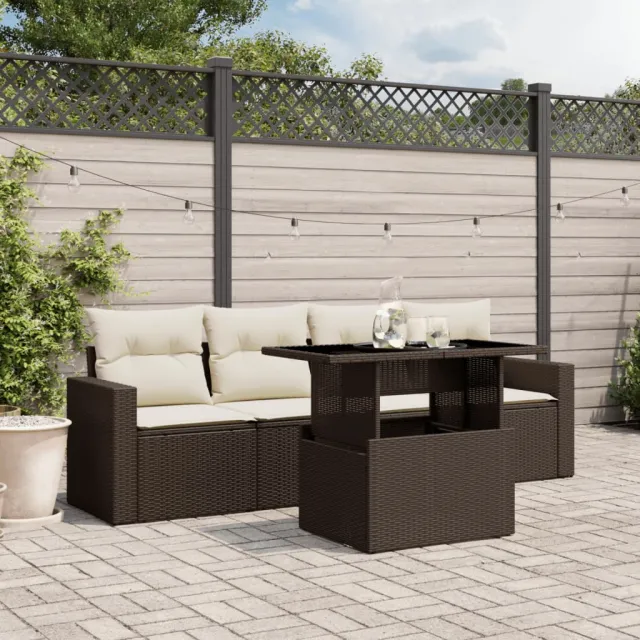 vidaXL 5-delige Loungeset met kussens poly rattan bruin, foto 2