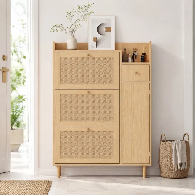 COVREO Schoenenkast 90 x 17 x 125 cm – naturel, MDF, 3 kleppen en 1 lade