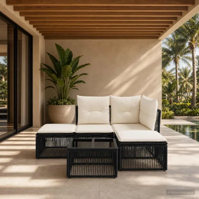 vidaXL Tuinbankenset 5 st 4-zits Zwart poly rattan, foto 2