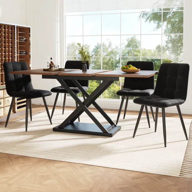 intebiki eetkamerset set van 5 - 120-160 x 80cm Uitschuifbare eettafel met 4 stoelen - Walnootkleurig MDF - zwarte metalen poten - 44x41x86cm zwart eetkamerstoel Walnoot + zwart