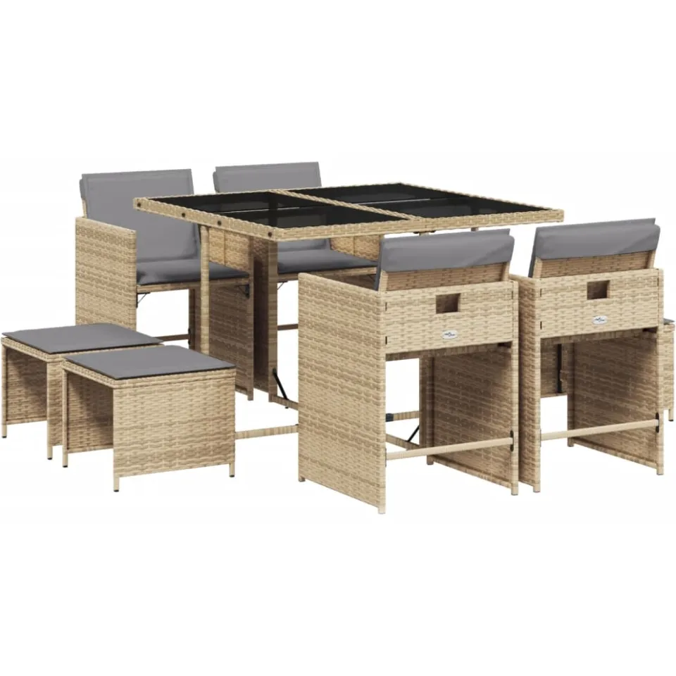 vidaXL 9-delige Tuinset met kussens poly rattan gemengd beige, foto 3