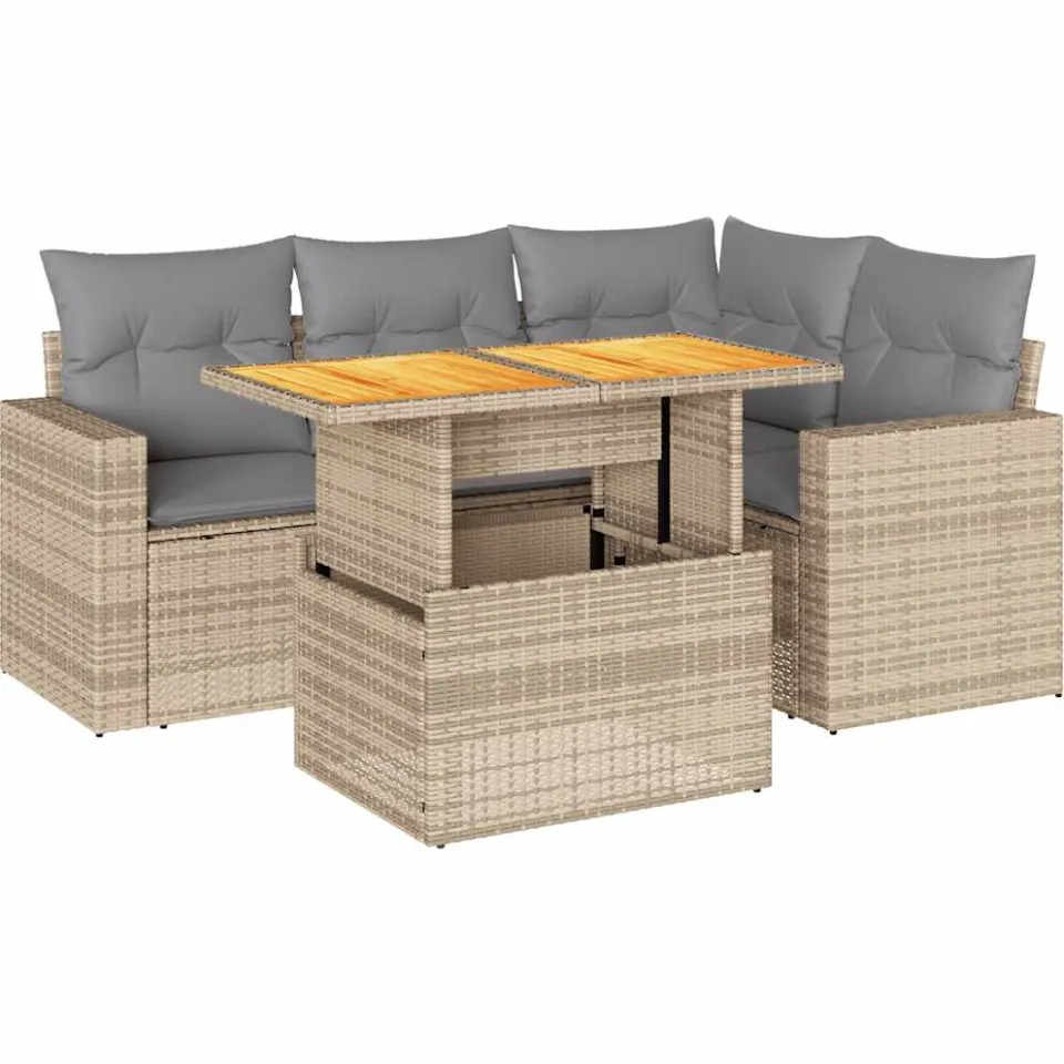 vidaXL 5-delige Loungeset met kussens poly rattan beige, foto 3