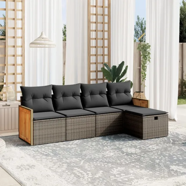 vidaXL 5-delige Loungeset met kussens poly rattan grijs, foto 2
