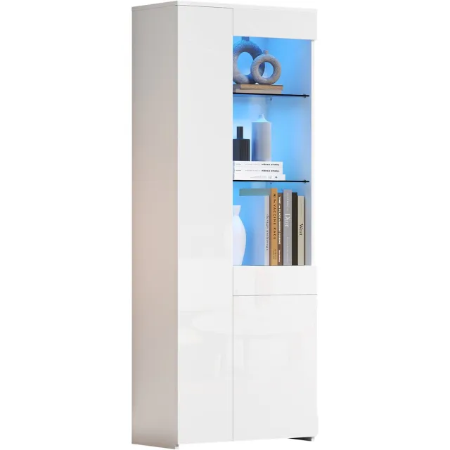 Ropilly Vitrinekast Met LED-Verlichting - Hoge Kast Met Glazen Deuren, Lades En Opbergruimte - Witte Displaykast Voor Woonkamer - 70 x 35 x 180 cm