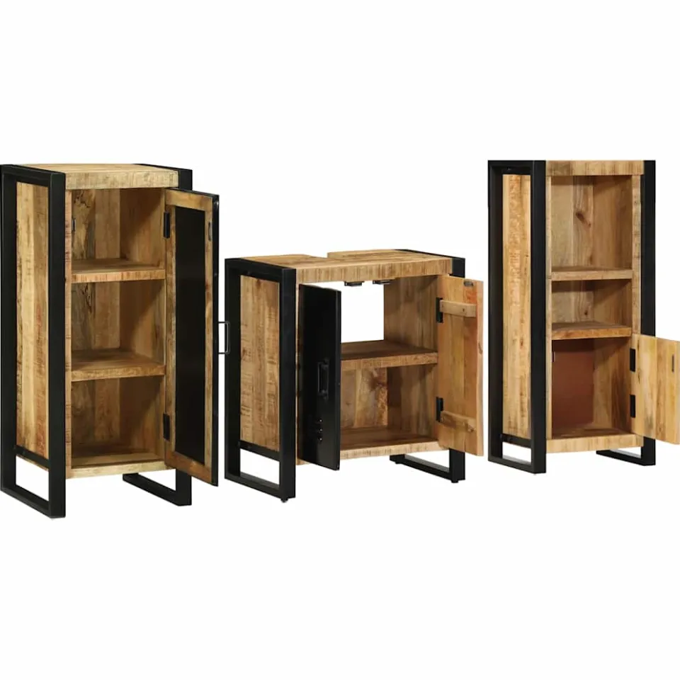 vidaXL Badkamermeubelset 3 st Bruin en zwart Massief Mango Hout, foto 2