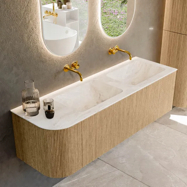 Mondiaz KURVE-DLUX 145 cm Onderkast Greeploos 1 Lade Met Deuren Oak, Wastafel Solid Surface Rechts Frappe 0 Kraangaten Zonder Spiegel (KRVLEA145L1L1D0KD-Oak/Fra)