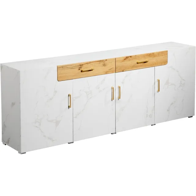 Ropilly Dressoir met 4 deuren en 2 laden - 208 cm breed - wit gemarmerd met houtkleurige fronten - met legplanken voor woonkamer of eetkamer Wit gemarmerd met houtkleurige ladefronten