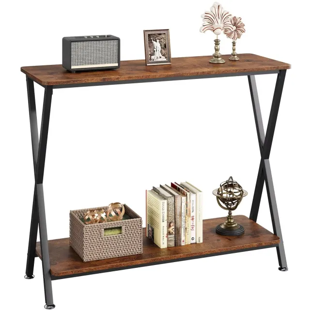 Whoopr® Industriële Consoletafel 80 × 30 × 81 cm – Smalle Sidetable met 2 Planken – Houten Haltafel met Zwart Metalen Frame – Voor Hal & Woonkamer Bruin