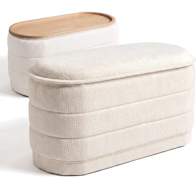 Salvik Poef Groot - Opbergpoef - Omkeerbare Deksel - Crème - Poef met opbergruimte - Omkeerbaar als Salontafel - Opbergbox - Zitbankje - Bankje - 75,5 cm