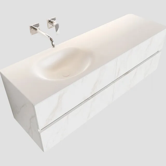 Boss & Wessing Badkamermeubel BWS Valencia Carrara Mat 200 cm Solid Surface Wastafel Links (0 kraangaten, 4 lades)