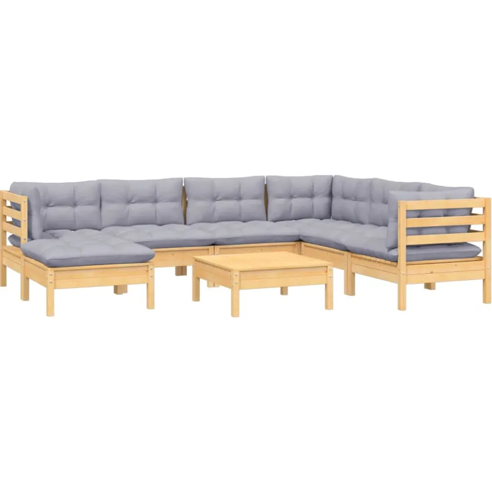 vidaXL 8-delige Loungeset met grijze kussens massief grenenhout Grijs