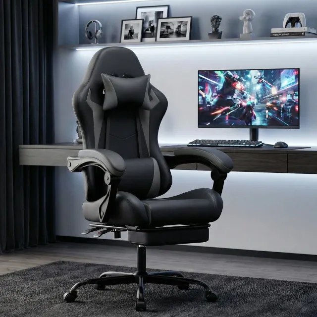 Maisentiel Gamingstoel met hoofdsteun, lendenkussen en uitschuifbare voetensteun - zwart-grijs Zwart en grijs
