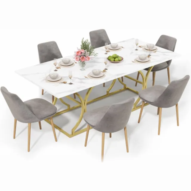 Rolipo Eettafel 200x80 cm – Voor 8-10 Personen – Marmerlook – Goudkleurige Metalen Poten – Water- en Krasbestendig Wit+Goud