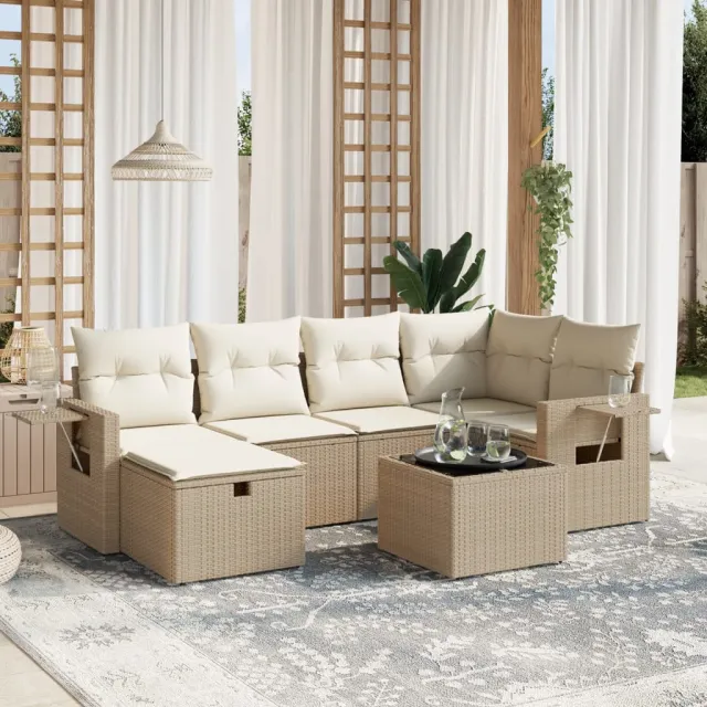 vidaXL 7-delige Loungeset met kussens poly rattan beige, foto 2