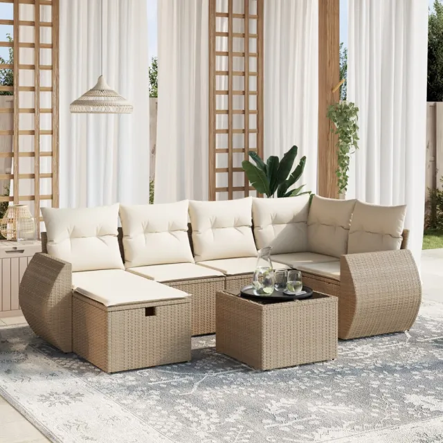 vidaXL 7-delige Loungeset met kussens poly rattan beige, foto 2