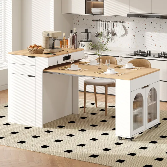 STILVORA Eettafel - Uitschuifbaar Keukeneiland Met Stopcontact En Lades - Voor Keuken En Eethoek - MDF En Glas - 55-153x80x93 Cm - Wit