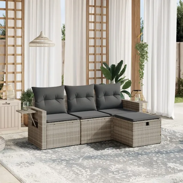 vidaXL 4-delige Loungeset met kussens poly rattan lichtgrijs grijs, foto 2