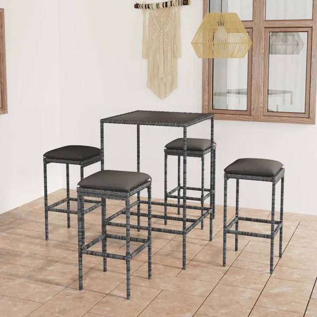 vidaXL 5-delige Tuinbarset met kussens poly rattan grijs, foto 2