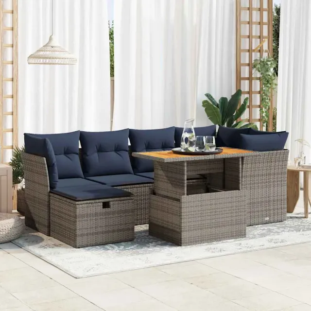 vidaXL 7-delige Loungeset met kussens poly rattan acacia zwart, foto 2