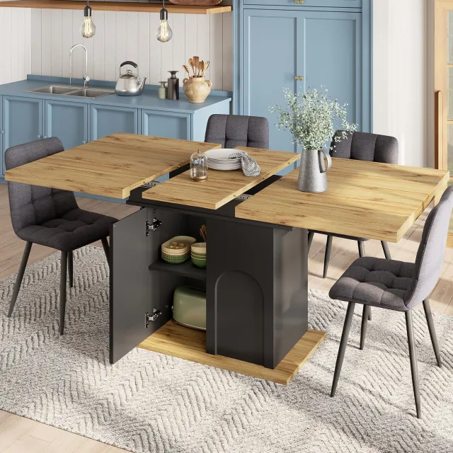 Maisentiel Uitschuifbare eettafel met opbergkast - 110-140 x 80 x 76 cm - zwart/naturel