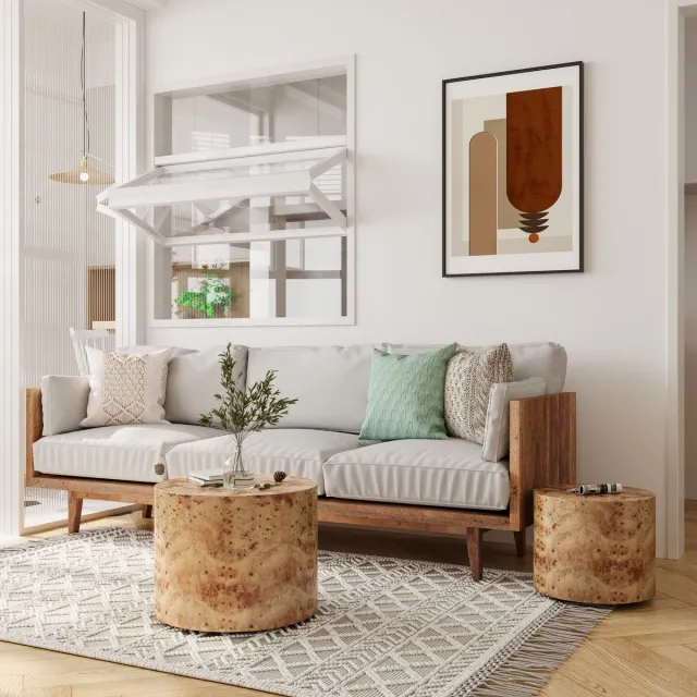 HAUSS SPOLE Salontafelset - Ronde Nesttafels Met Burl Fineer - Voor Woonkamer En Slaapkamer - Houtlook - 48x38 cm - Naturel Naturel Hout