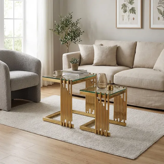 MODFU Set Van 2 Vierkante Bijzettafels - Gehard Glas - Goudkleurig Frame - Modern - Roestvrij Staal - Transparant Goud+Helder