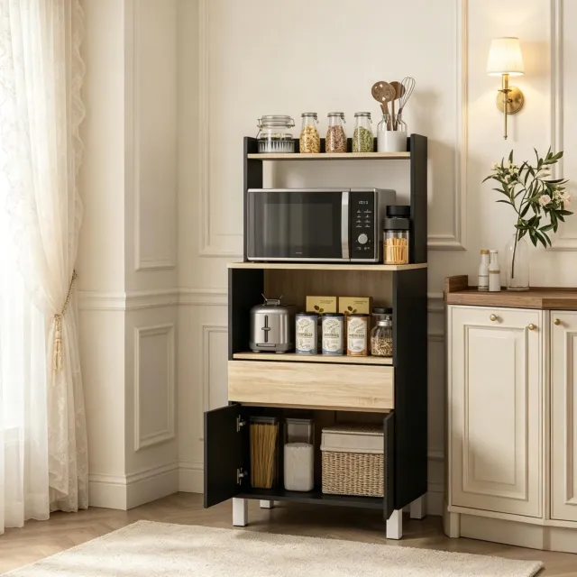 CHICFURN Keukenkast 60 cm - Magnetronvak - Lade en kast - Zwart en eikenkleur Zwart, eikenkleur