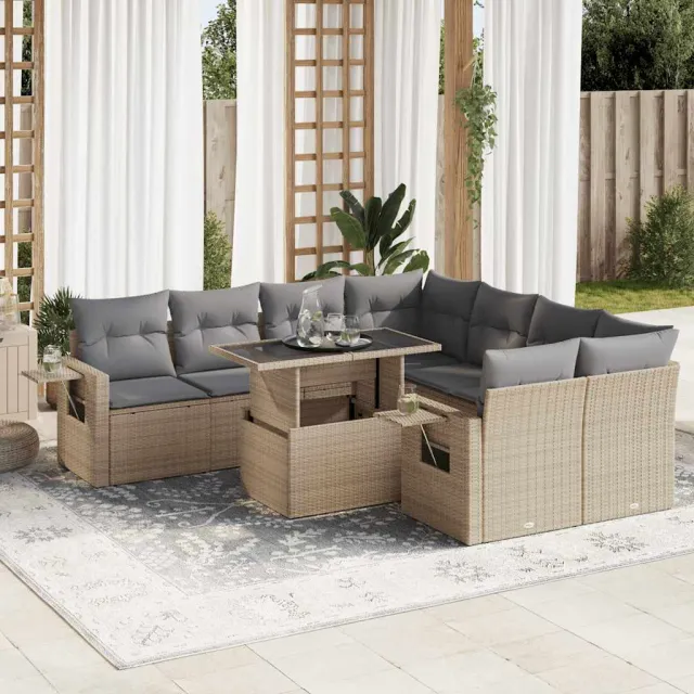 vidaXL 9-delige Loungeset met kussens poly rattan beige, foto 2