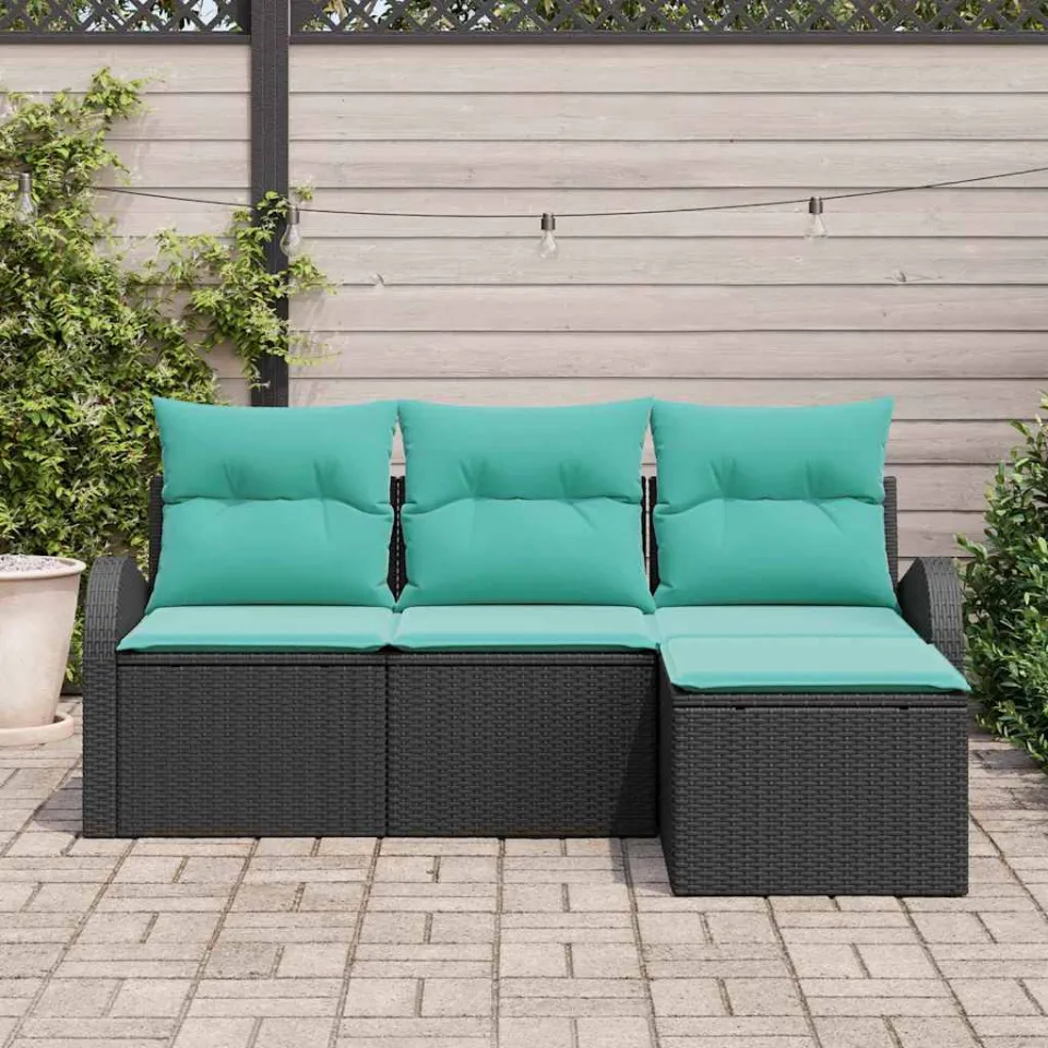 vidaXL Bankstel 4 st Zwart en Turquoise poly rattan, foto 3