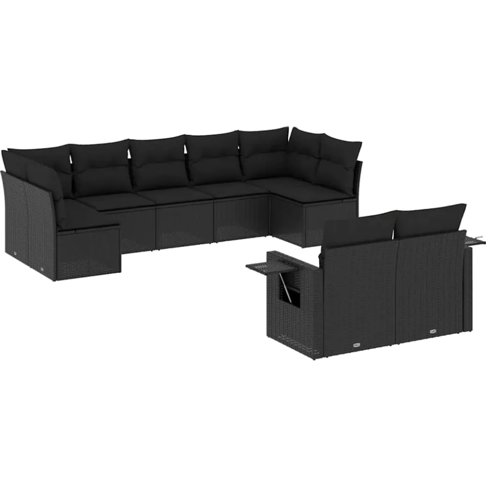 vidaXL 9-delige Loungeset met kussens poly rattan zwart, foto 3