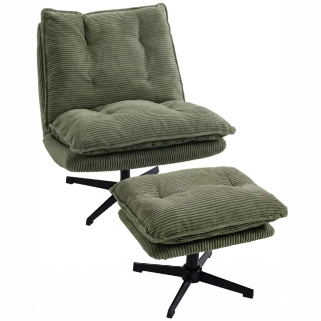 OKWISH Relaxfauteuil 82 x 74 x 89 cm - 360 Graden Draaibaar met Verstelbare Hocker - Voor Woonkamer en Leeshoek - Polyester Ribfluweel - Groen