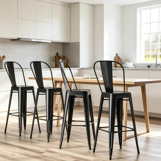 MODENUIT Barkruk 76,5 cm - Set van 4 - Met Rugleuning En Voetensteun - Voor Bar En Keuken - Metaal Zwart