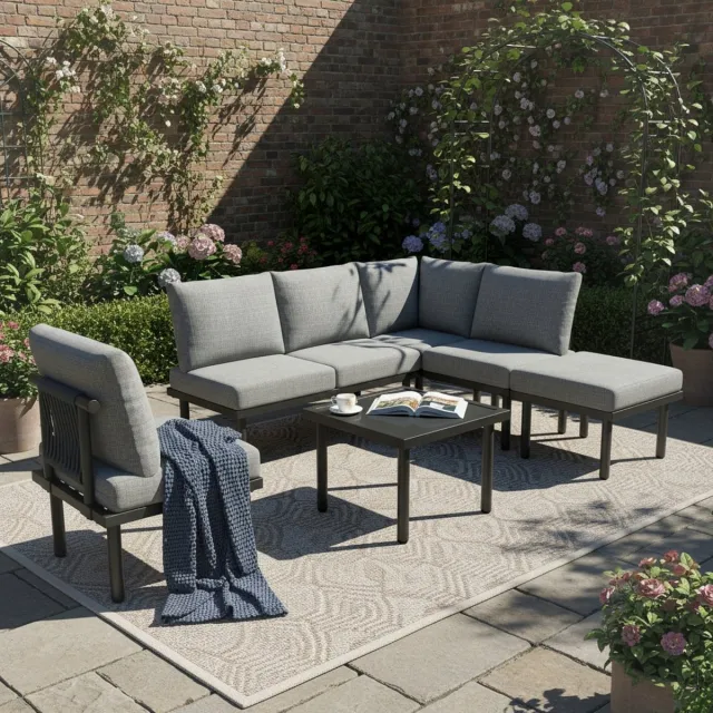 Clruro Tuinmeubelset - 6-delig - Lounge Set Met Verstelbare Voeten - Glas Tafel - Seil & IJzer - Grijs