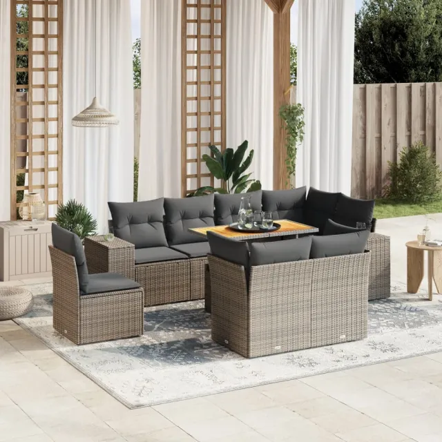 vidaXL 9-delige Loungeset met kussens poly rattan grijs, foto 2