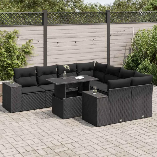 vidaXL 9-delige Loungeset met kussens poly rattan zwart, foto 2