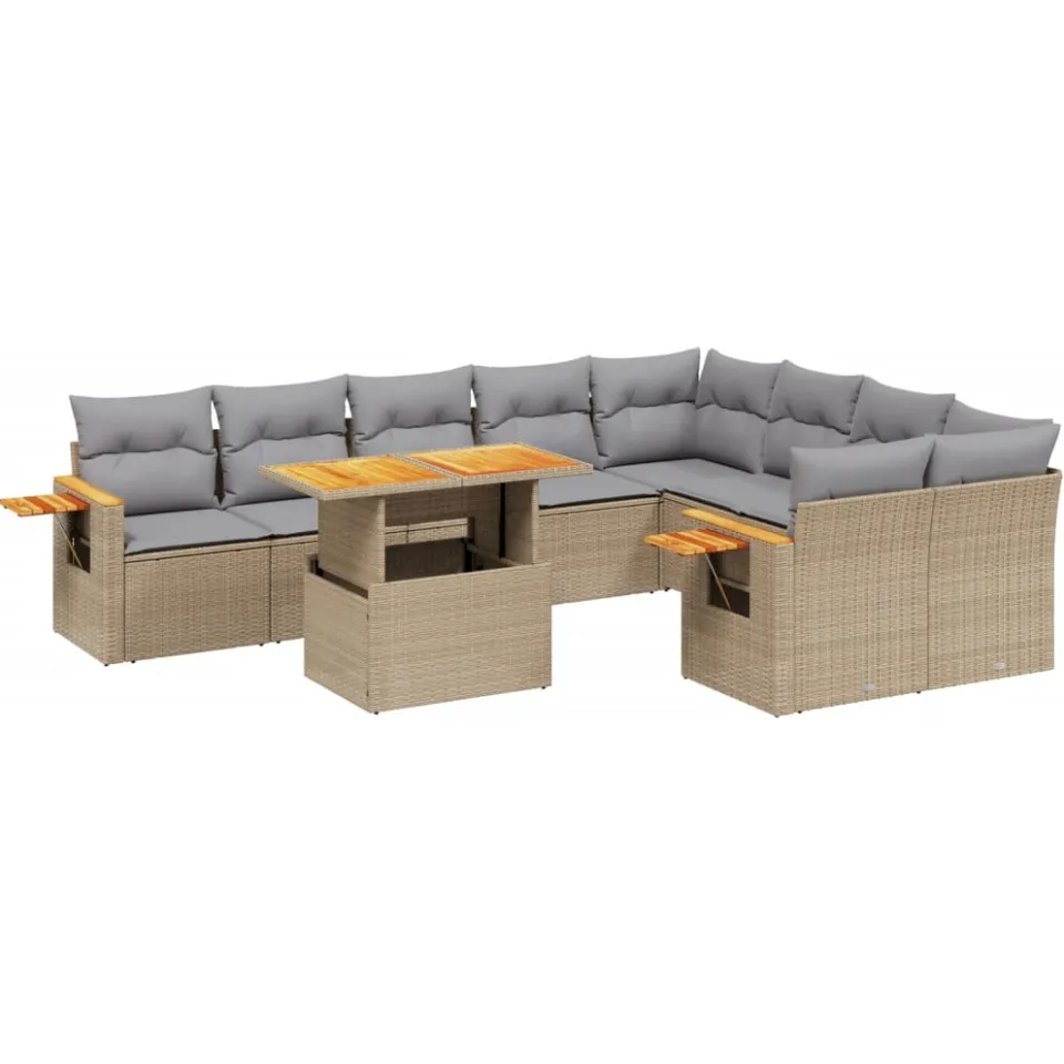 vidaXL 10-delige Loungeset met kussens poly rattan beige, foto 3