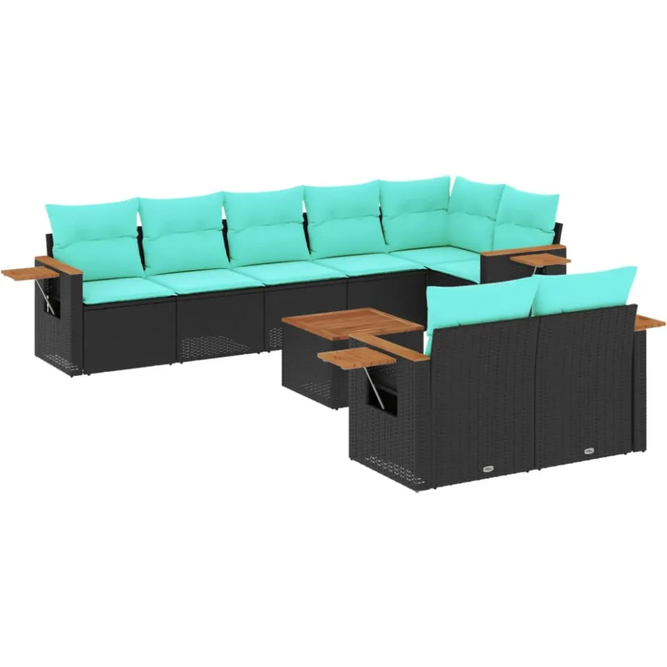 vidaXL 9-delige Loungeset met kussens poly rattan zwart, foto 3