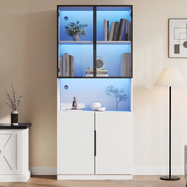 MODENUIT Vitrinekast - LED-Verlichting Met Glazen Deuren - Voor Woonkamer - Spaanplaat Wit - 80x30x200 Cm