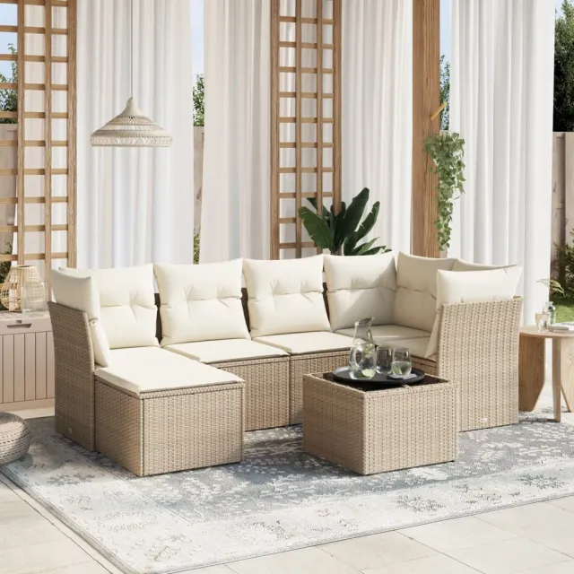 vidaXL 7-delige Loungeset met kussens poly rattan beige, foto 2