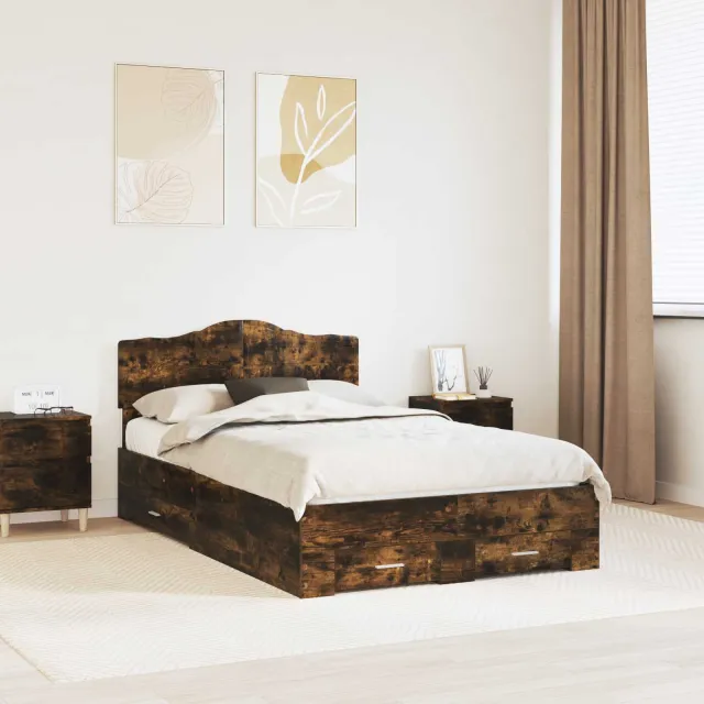 vidaXL Bedframe Gerookt eiken 135 x 190 cm Bewerkt hout Bruin