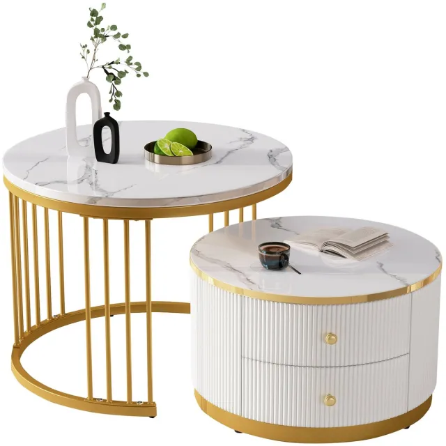 Merax 2-Delige Nest Salontafel Set - Ronde Bijzettafels 60x60x45.5 cm en 50x50x32 cm met Hoogglanzende Marmerlook en 2 Lades Wit