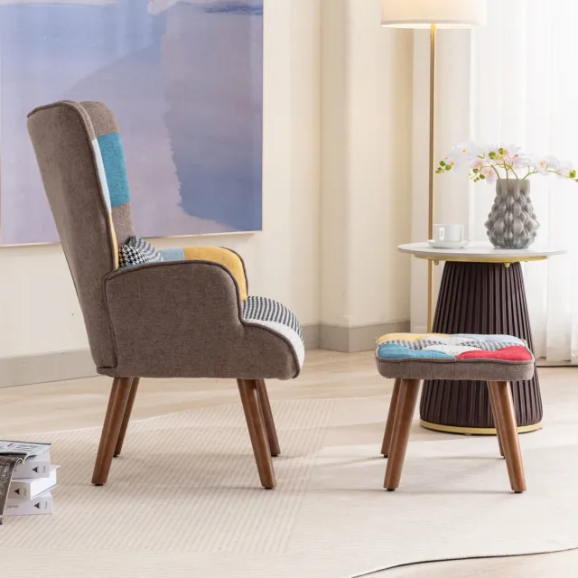 DESMIU Fauteuil 69 x 51 x 95,5 Cm - Met Voetenbank En Rugkussen - Voor Woonkamer En Ontspanning - Stof En Schuim - Multicolor bont