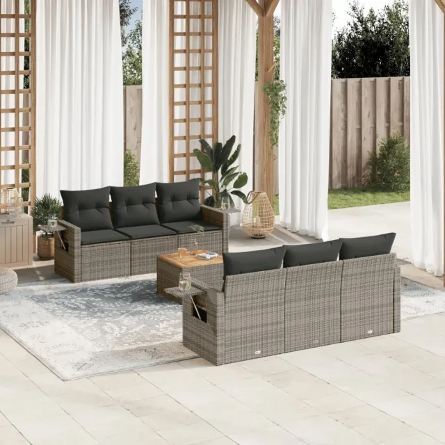 vidaXL 7-delige Loungeset met kussens poly rattan grijs, foto 2