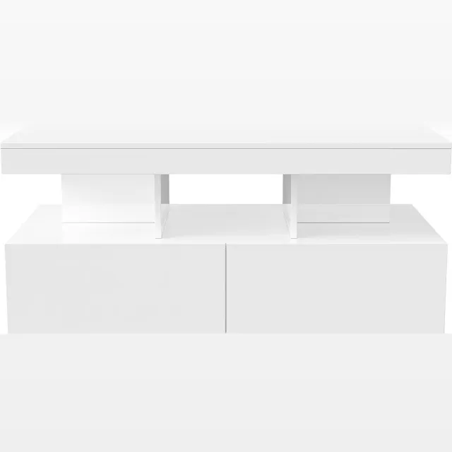 Happiq Salontafel - Hoogglans Salontafel met LED Verlichting, 2 Lades en Open Vakken - Wit, Hout Engineered Wood